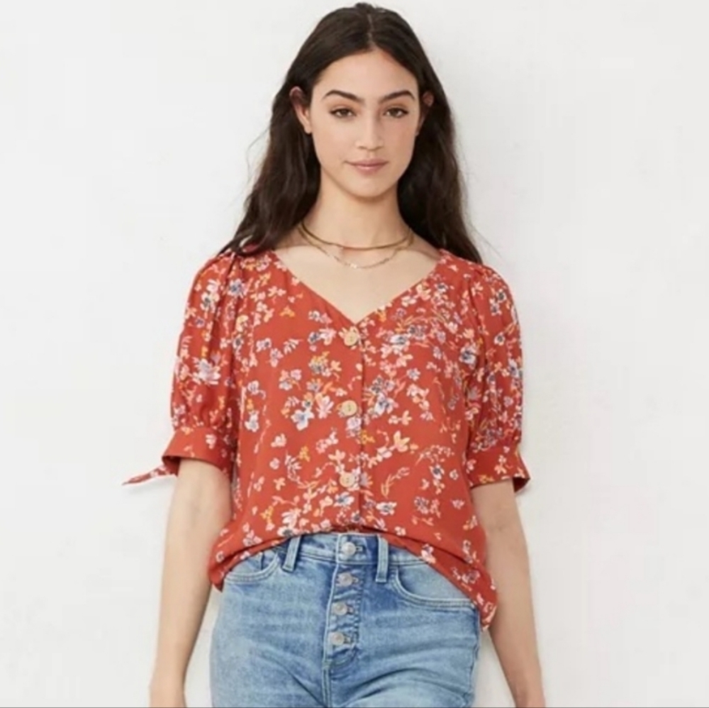 NWT Lauren Conrad Blouse - V Neck, Floral, Button up, Orange